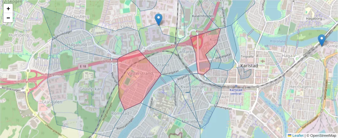 Karta över postnummerområdet  och angränsande postnummer i Sverige