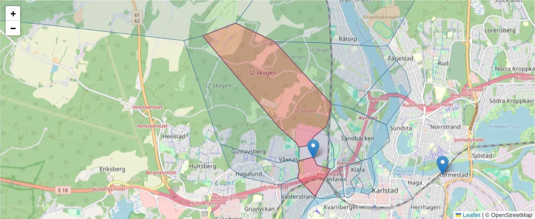Karta över postnummerområdet  och angränsande postnummer i Sverige