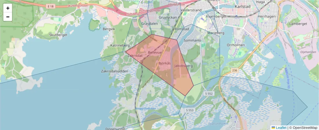 Karta över postnummerområdet  och angränsande postnummer i Sverige
