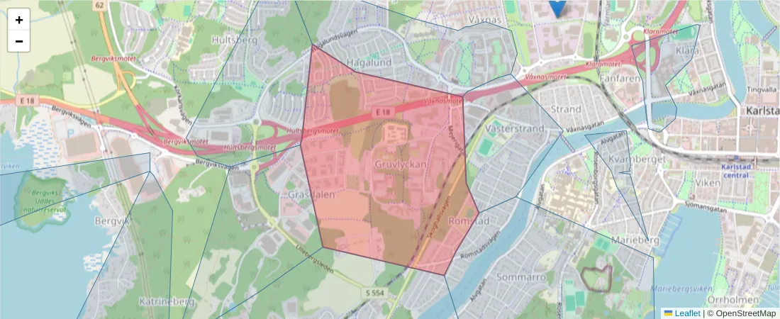 Karta över postnummerområdet  och angränsande postnummer i Sverige