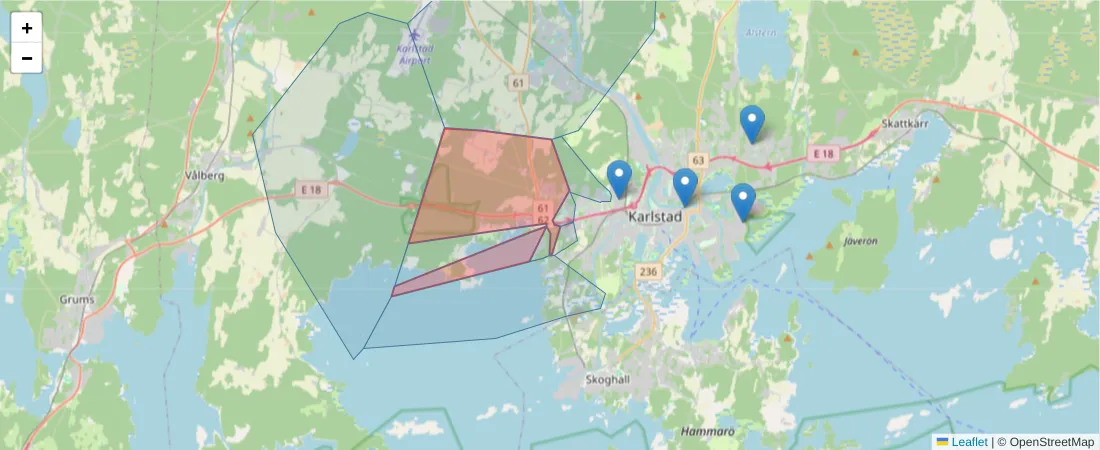 Karta över postnummerområdet  och angränsande postnummer i Sverige