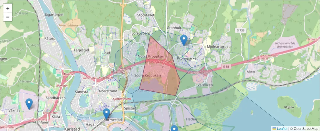 Karta över postnummerområdet  och angränsande postnummer i Sverige
