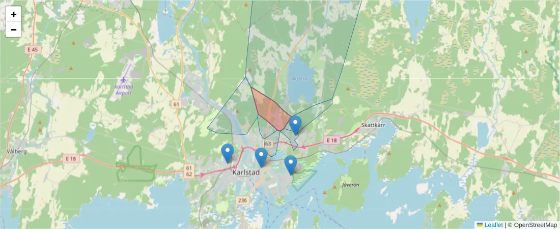 Karta över postnummerområdet  och angränsande postnummer i Sverige