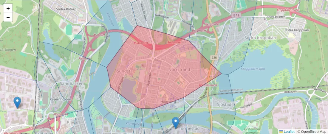 Karta över postnummerområdet  och angränsande postnummer i Sverige