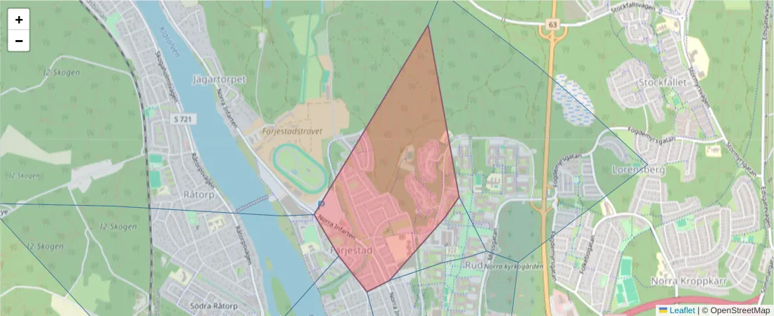Karta över postnummerområdet  och angränsande postnummer i Sverige