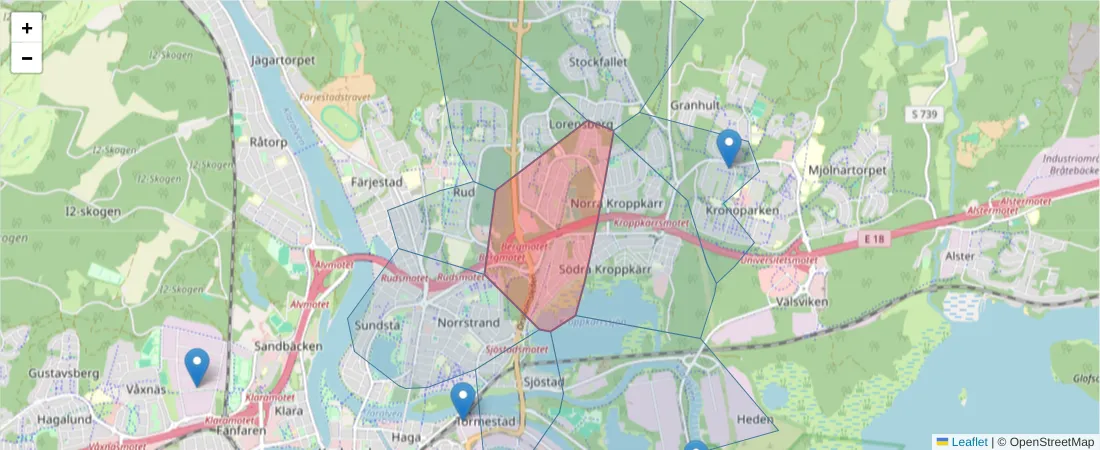 Karta över postnummerområdet  och angränsande postnummer i Sverige