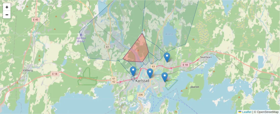 Karta över postnummerområdet  och angränsande postnummer i Sverige