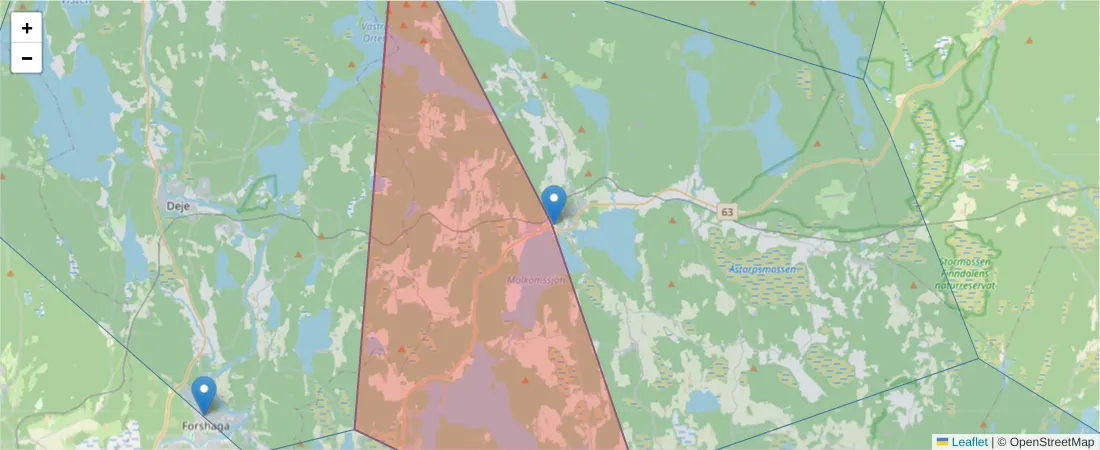Karta över postnummerområdet  och angränsande postnummer i Sverige