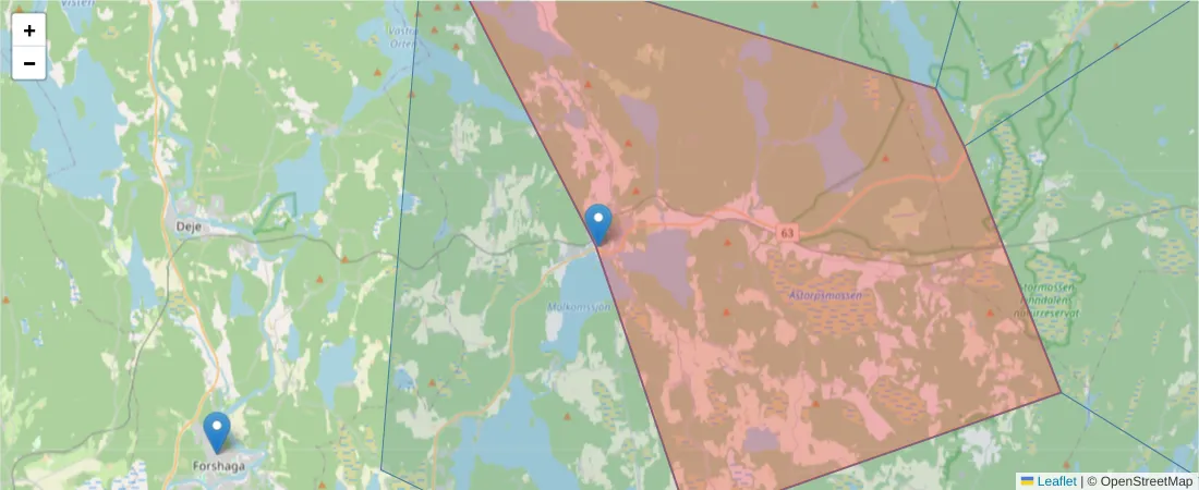 Karta över postnummerområdet  och angränsande postnummer i Sverige