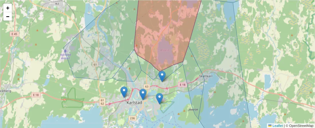 Karta över postnummerområdet  och angränsande postnummer i Sverige