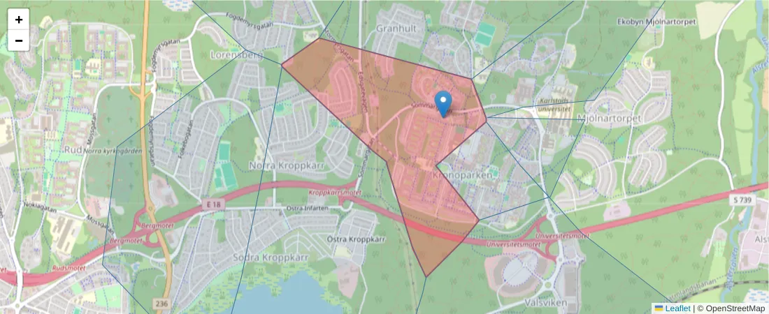 Karta över postnummerområdet  och angränsande postnummer i Sverige
