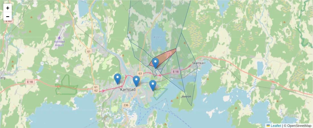 Karta över postnummerområdet  och angränsande postnummer i Sverige