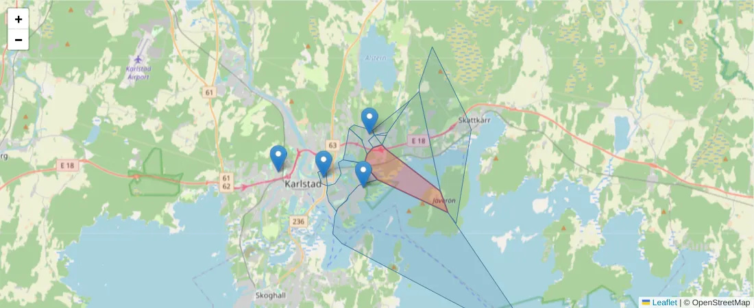 Karta över postnummerområdet  och angränsande postnummer i Sverige