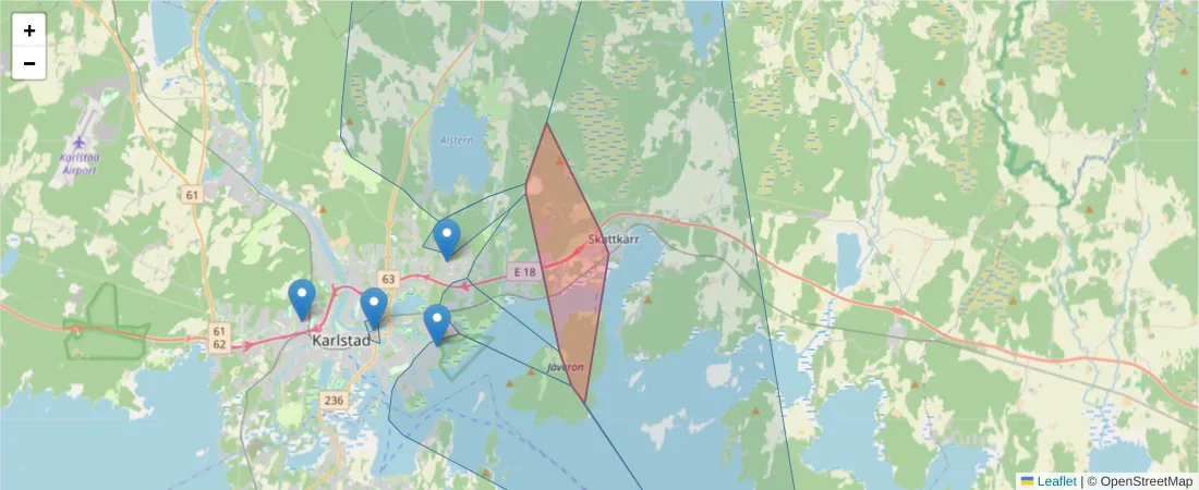 Karta över postnummerområdet  och angränsande postnummer i Sverige