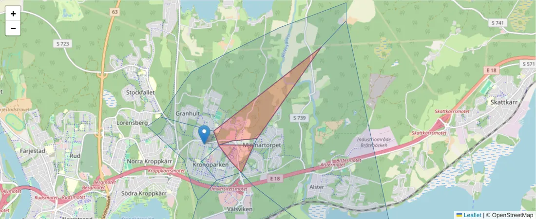 Karta över postnummerområdet  och angränsande postnummer i Sverige