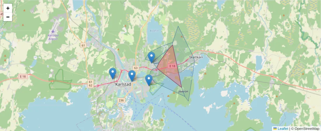 Karta över postnummerområdet  och angränsande postnummer i Sverige