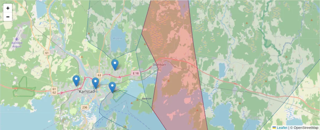 Karta över postnummerområdet  och angränsande postnummer i Sverige