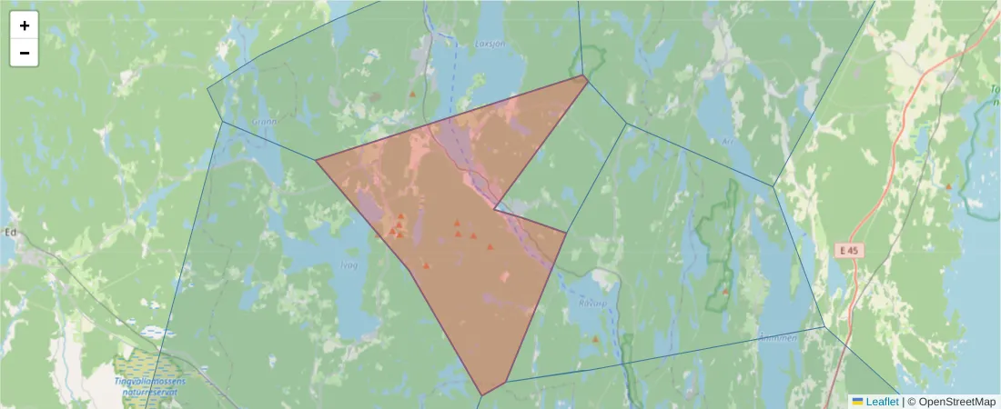 Karta över postnummerområdet  och angränsande postnummer i Sverige
