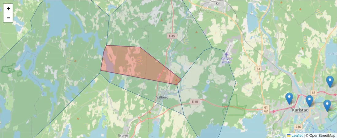 Karta över postnummerområdet  och angränsande postnummer i Sverige