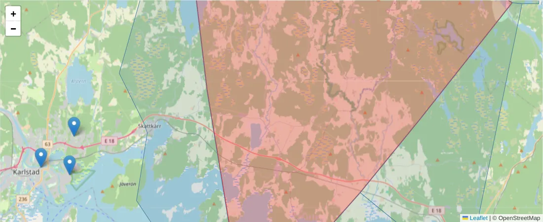 Karta över postnummerområdet  och angränsande postnummer i Sverige