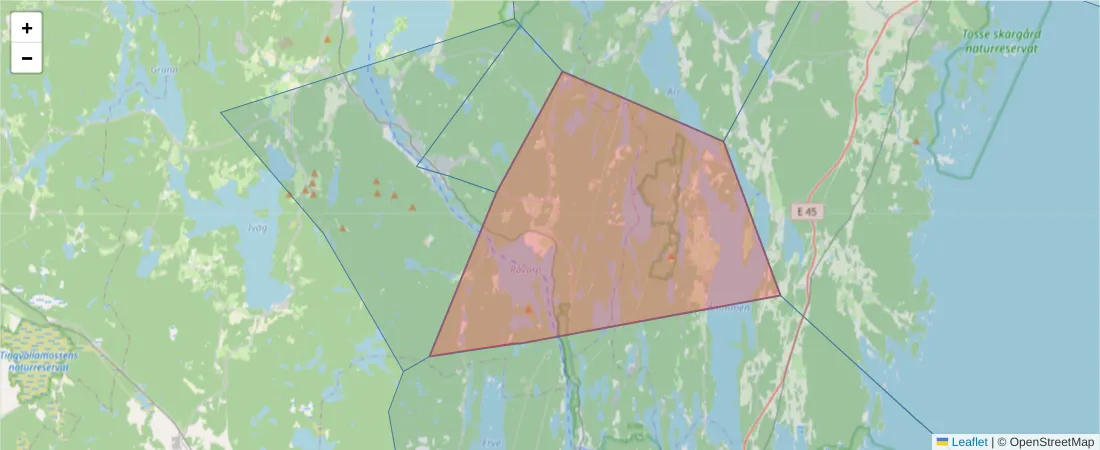 Karta över postnummerområdet  och angränsande postnummer i Sverige