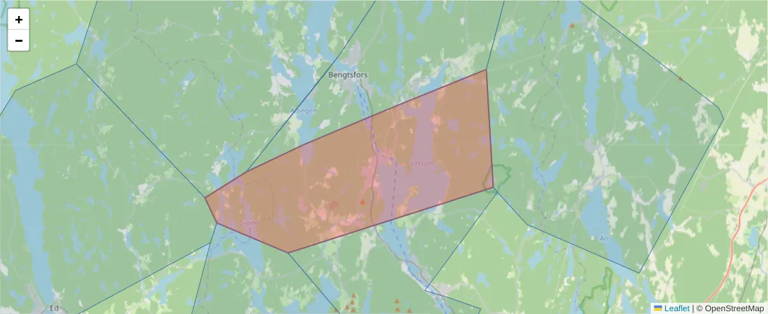 Karta över postnummerområdet  och angränsande postnummer i Sverige