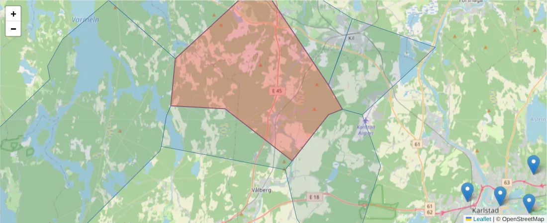 Karta över postnummerområdet  och angränsande postnummer i Sverige