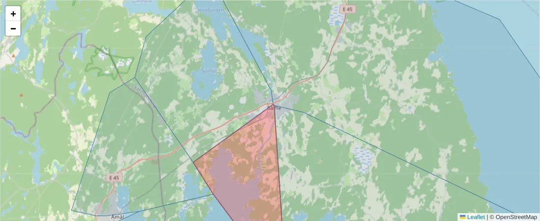 Karta över postnummerområdet  och angränsande postnummer i Sverige