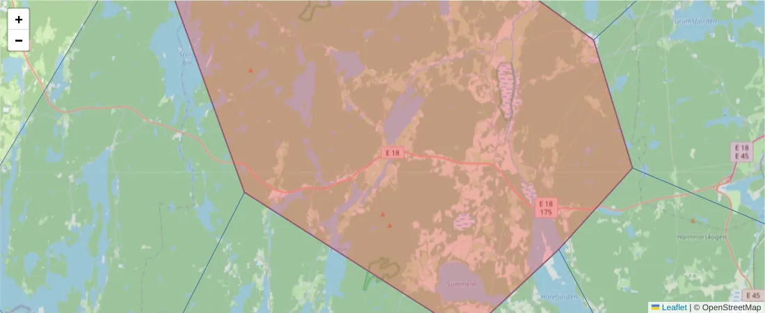 Karta över postnummerområdet  och angränsande postnummer i Sverige