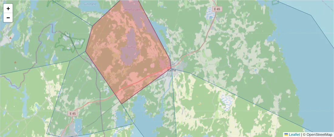 Karta över postnummerområdet  och angränsande postnummer i Sverige