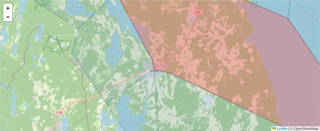 Karta över postnummerområdet  och angränsande postnummer i Sverige