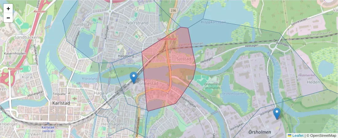 Karta över postnummerområdet  och angränsande postnummer i Sverige