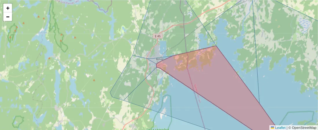 Karta över postnummerområdet  och angränsande postnummer i Sverige