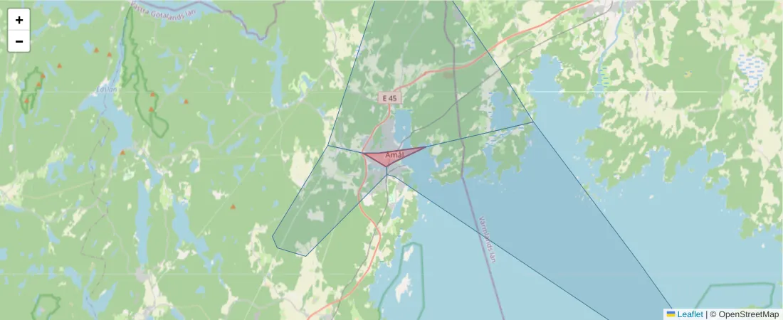 Karta över postnummerområdet  och angränsande postnummer i Sverige