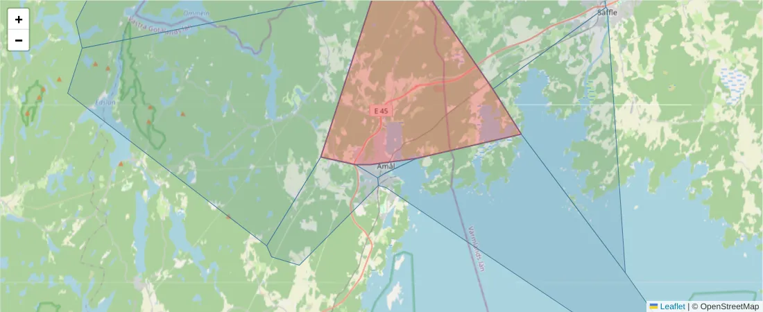 Karta över postnummerområdet  och angränsande postnummer i Sverige