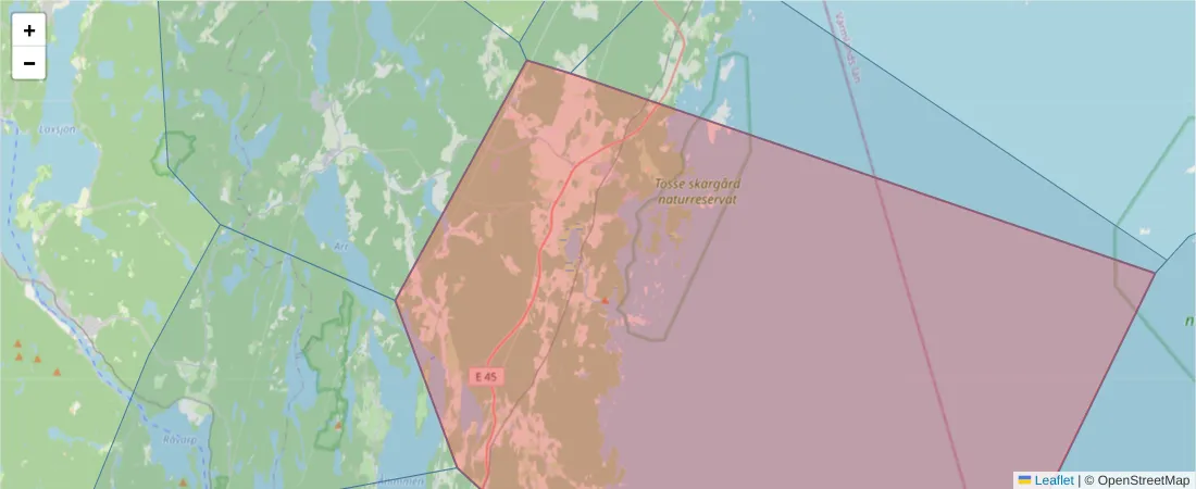 Karta över postnummerområdet  och angränsande postnummer i Sverige