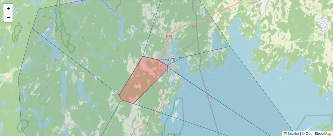 Karta över postnummerområdet  och angränsande postnummer i Sverige
