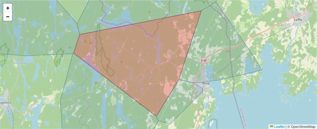 Karta över postnummerområdet  och angränsande postnummer i Sverige