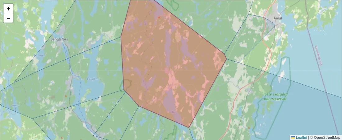 Karta över postnummerområdet  och angränsande postnummer i Sverige