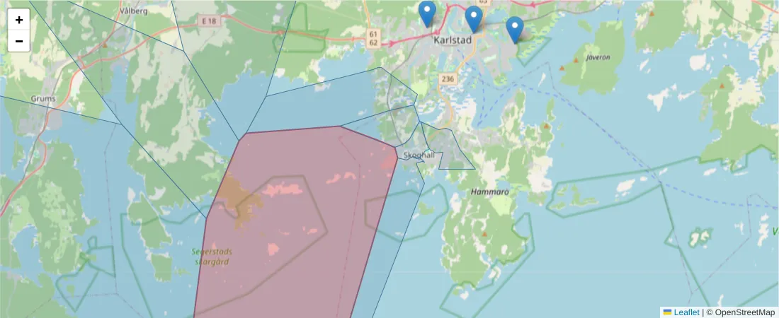 Karta över postnummerområdet  och angränsande postnummer i Sverige