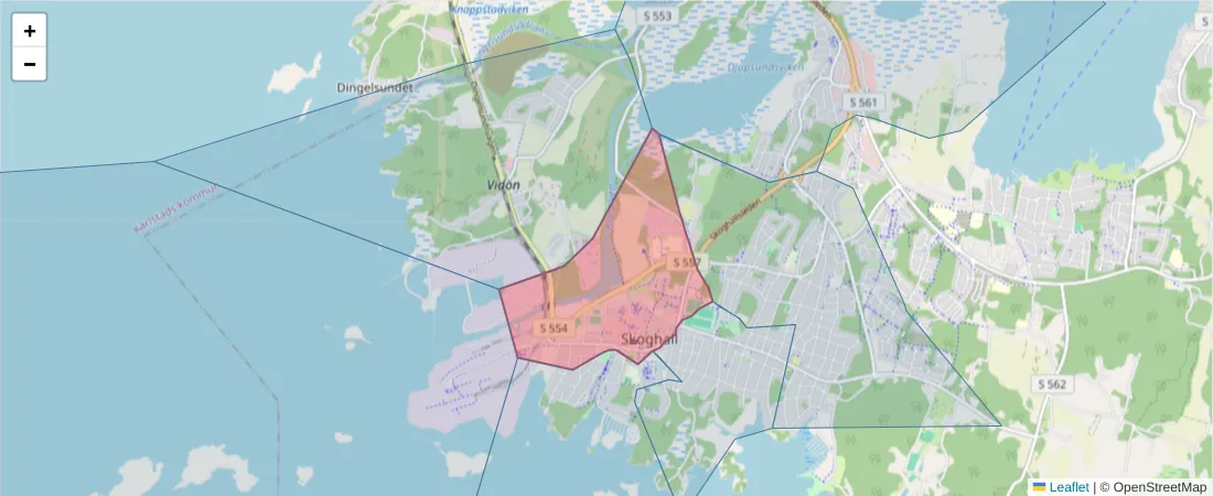Karta över postnummerområdet  och angränsande postnummer i Sverige