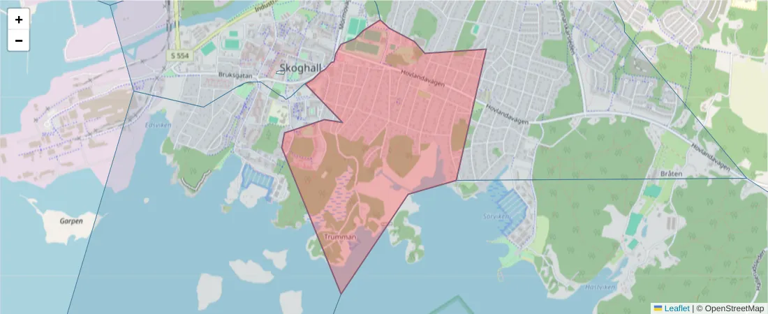 Karta över postnummerområdet  och angränsande postnummer i Sverige