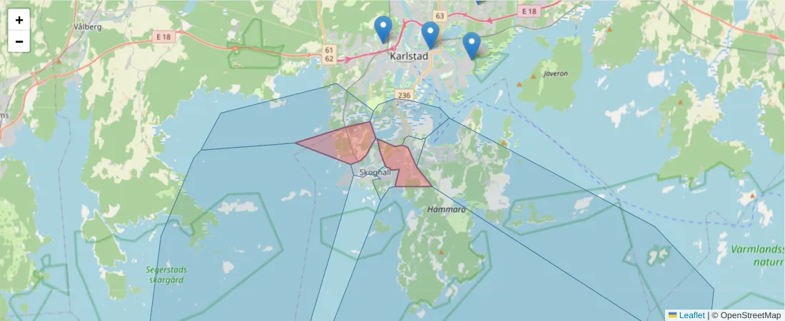 Karta över postnummerområdet  och angränsande postnummer i Sverige