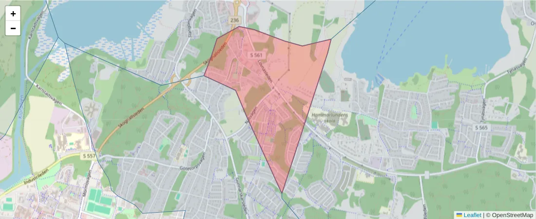 Karta över postnummerområdet  och angränsande postnummer i Sverige
