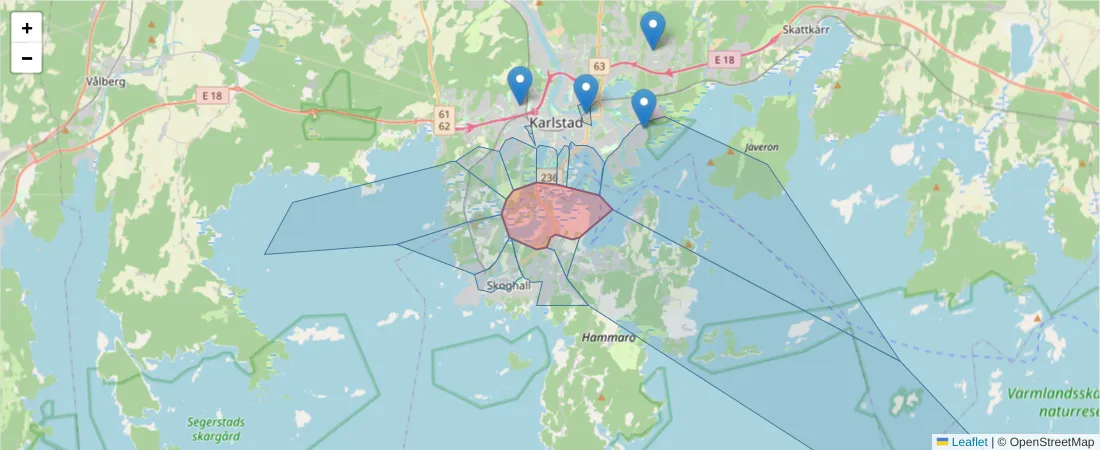 Karta över postnummerområdet  och angränsande postnummer i Sverige