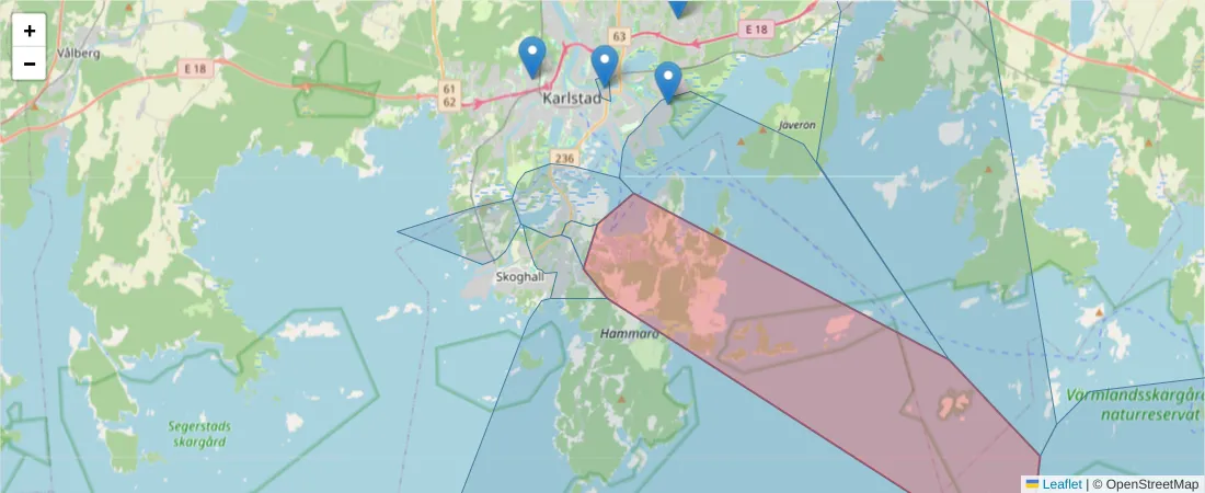 Karta över postnummerområdet  och angränsande postnummer i Sverige