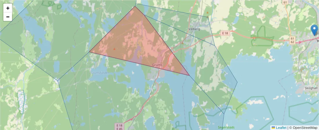 Karta över postnummerområdet  och angränsande postnummer i Sverige
