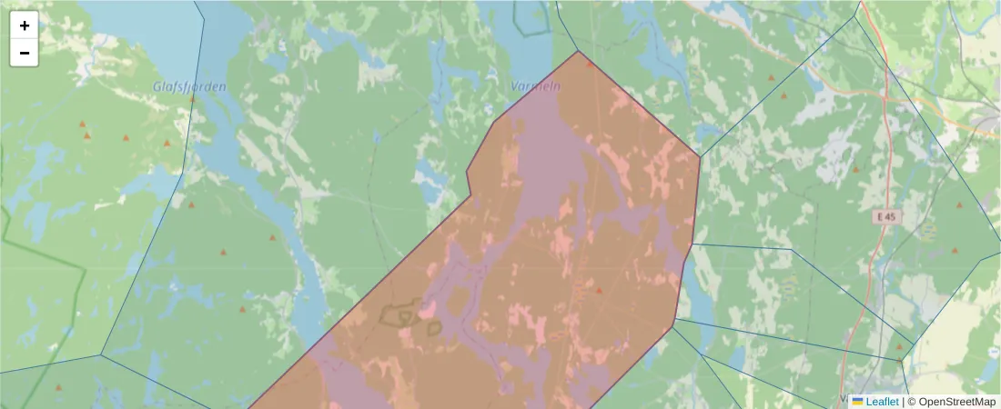 Karta över postnummerområdet  och angränsande postnummer i Sverige