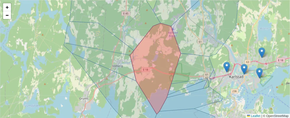 Karta över postnummerområdet  och angränsande postnummer i Sverige