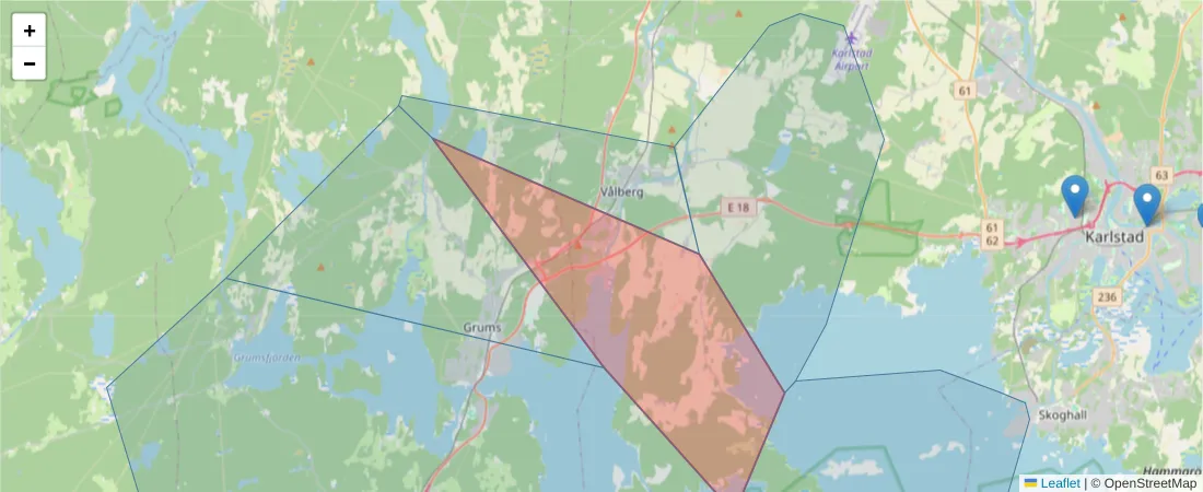 Karta över postnummerområdet  och angränsande postnummer i Sverige